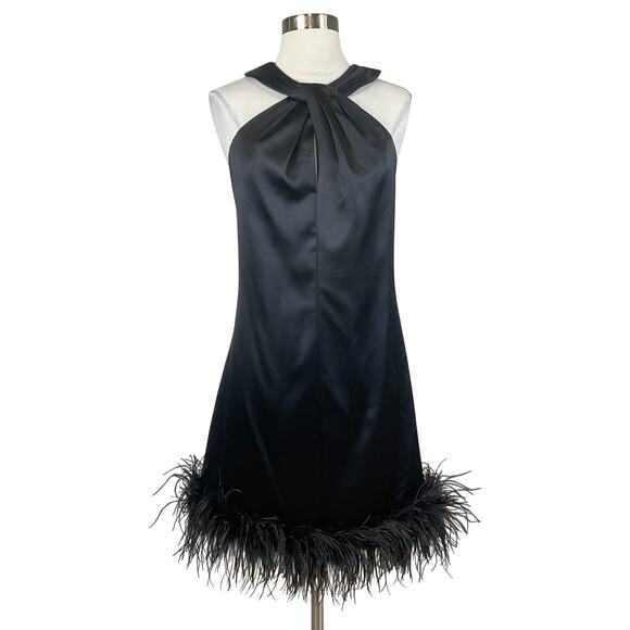 Eliza J Women's Cocktail Dress Size 10 Black Satin Feather Trimmed Mini Shift - Picture 1 of 12